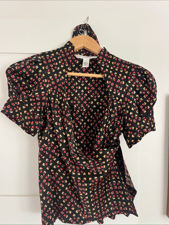 Diane Von Furstenberg Tops - Black Puff-Sleeve Silk Blouse with Red & Gold Geometric Print